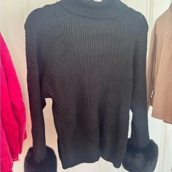 Saks Fifth Avenue Black Cowl Neck Sweater with Faux Fur Cuffs - Picture 2 of 3